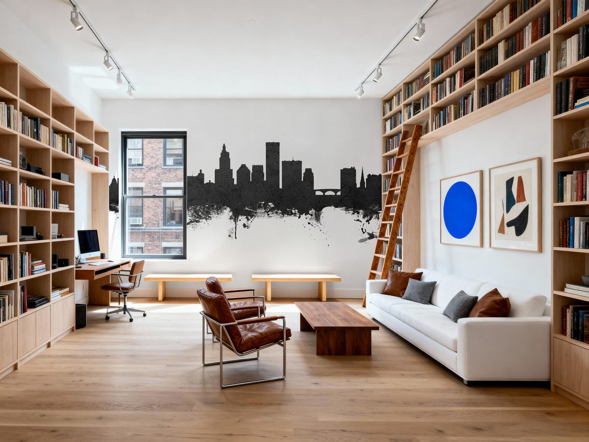 Providence Rhode Island Skyline Black & White Mural Wallpaper - room preview 02