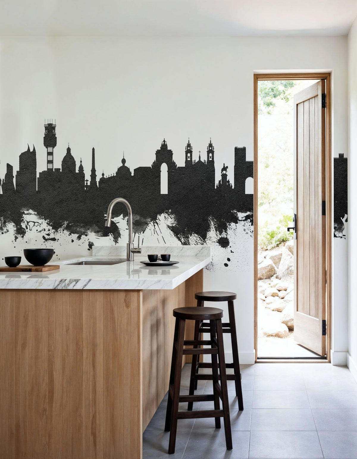 Lisbon Portugal Skyline Black & White Mural Wallpaper - room preview 02