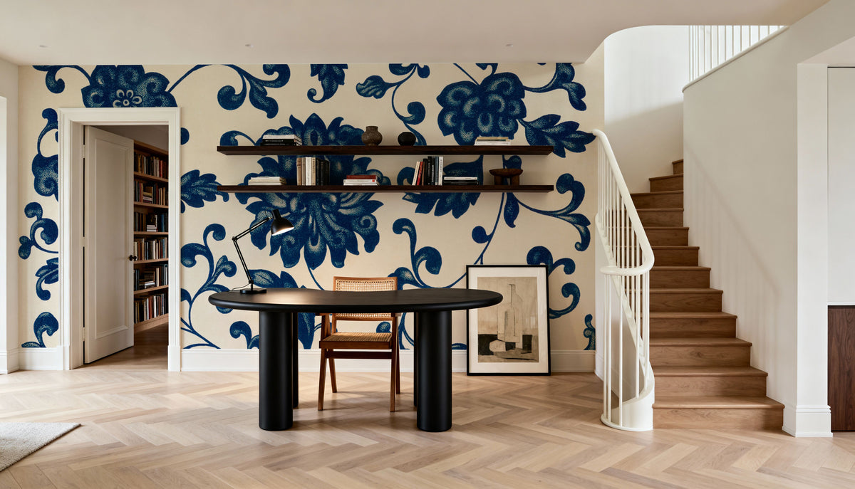 Chinese Ornament, Blue Flowers Mural Wallpaper - room preview 02