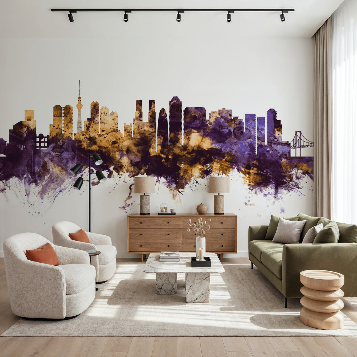 Tokyo Japan Skyline Purple & Gold Mural Wallpaper - room preview 02