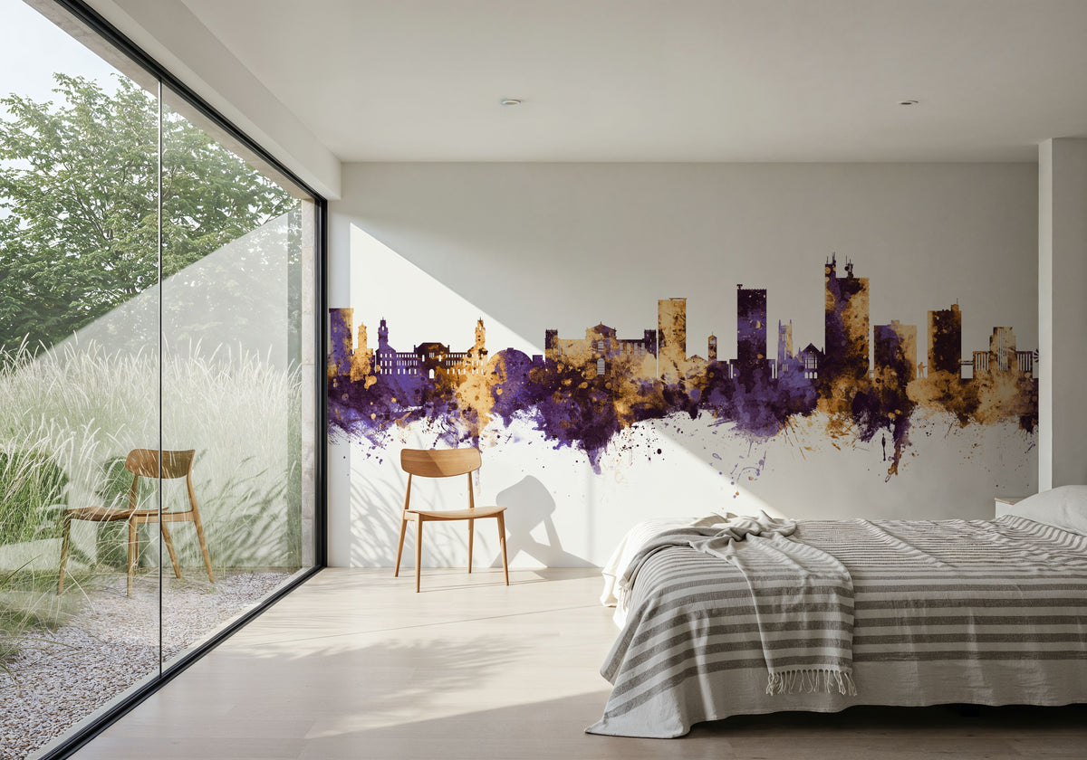 Lubbock Texas Skyline Purple & Gold Mural Wallpaper - room preview 02