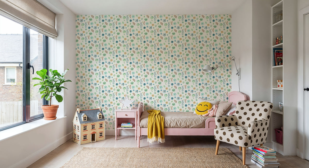 Flutterby Flowers White Mural Wallpaper - room preview 02