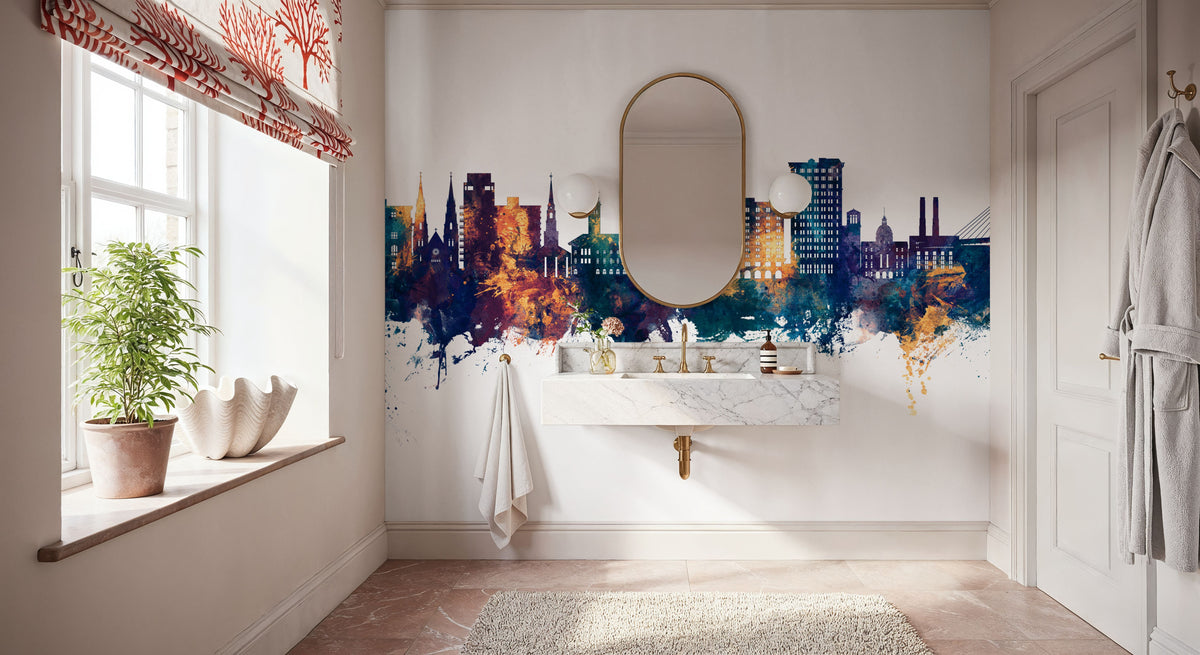 Savannah Georgia Skyline Blue & Bronze Mural Wallpaper - room preview 02