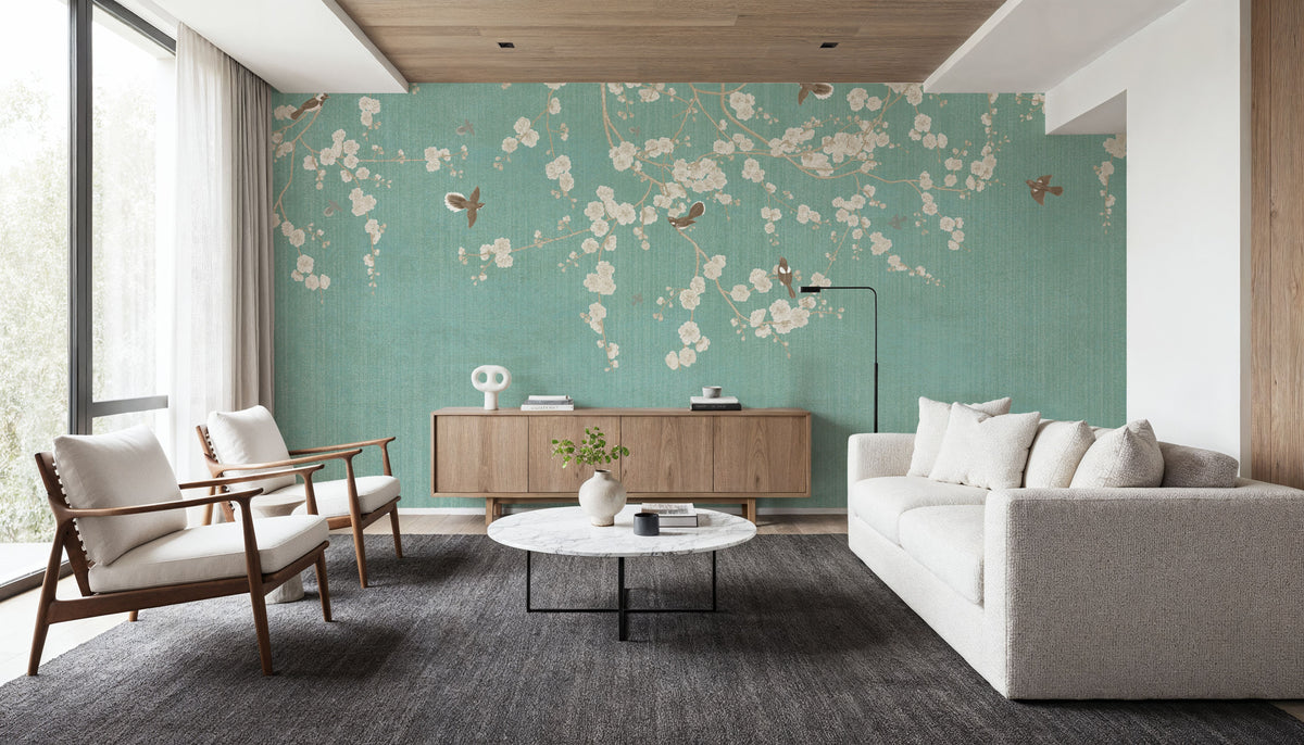 Beneath the Cherry Tree Mint Mural Wallpaper - room preview 02