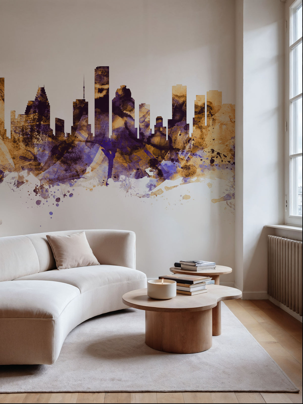 Houston Skyline Purple & Gold Mural Wallpaper - room preview 02
