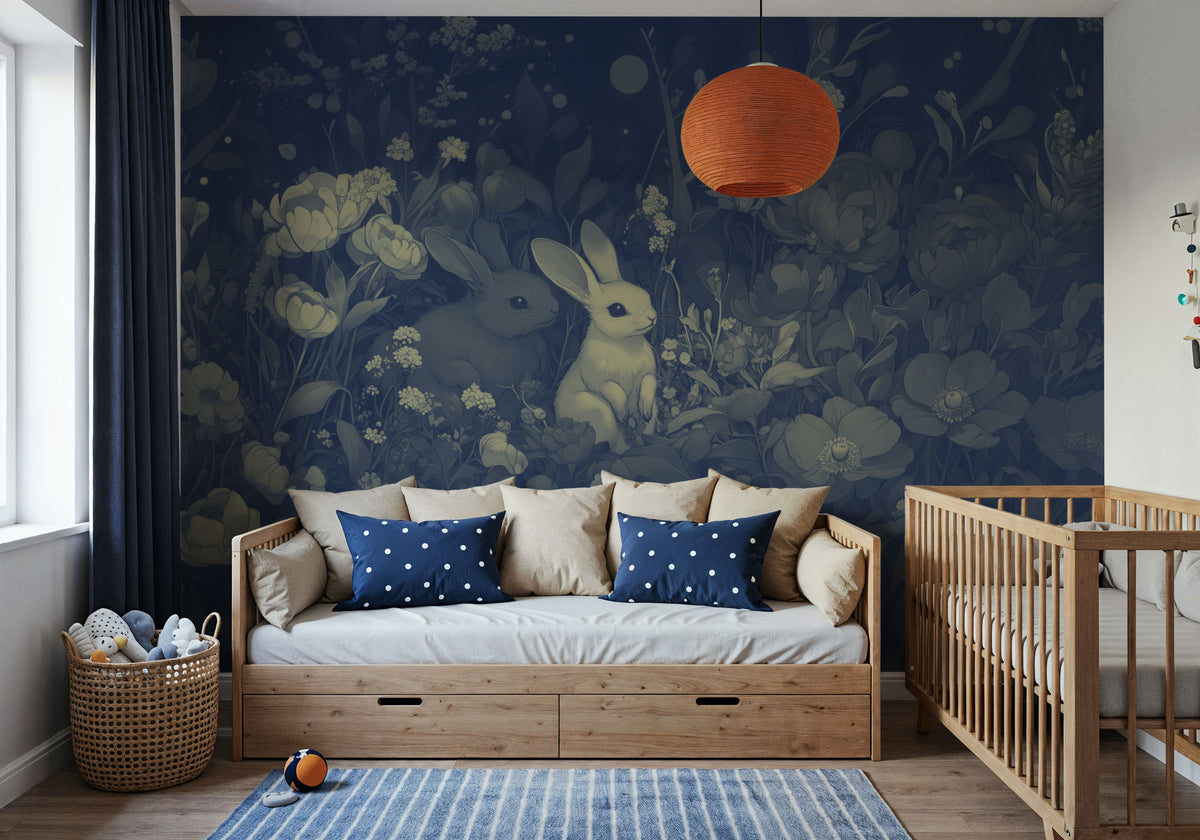 Rabbits Blue Mural Wallpaper - room preview 02