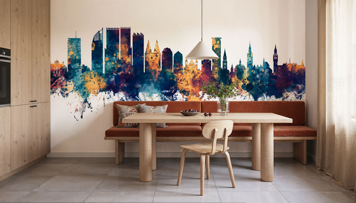 The Hauge Netherlands Skyline Blue & Bronze Mural Wallpaper - room preview 02