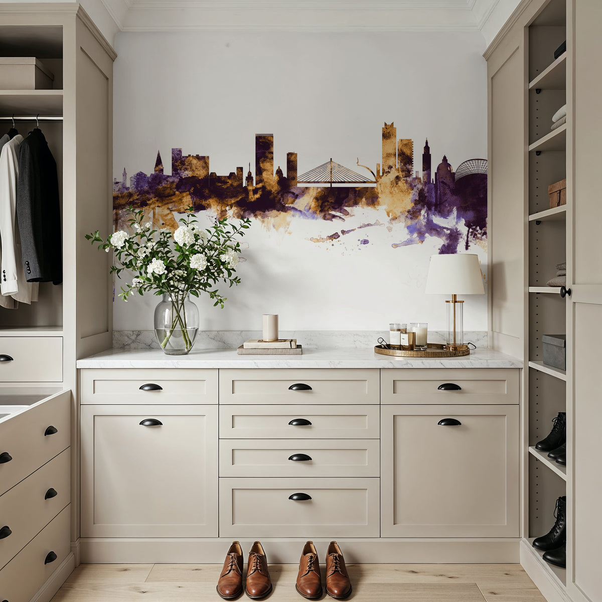 Liege Belgium Skyline Purple & Gold Mural Wallpaper - room preview 02