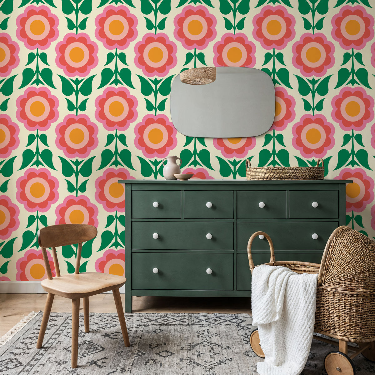Retro Bold Blooms, Pink Mural Wallpaper - room preview 02