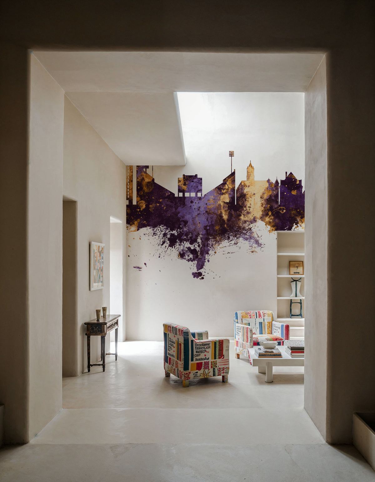 Lawrence Kansas Skyline Purple & Gold Mural Wallpaper - room preview 02