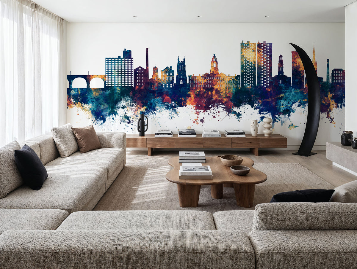 Stockport England Skyline Blue & Bronze Mural Wallpaper - room preview 02