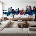 Stockport England Skyline Blue & Bronze Mural Wallpaper - room preview 02