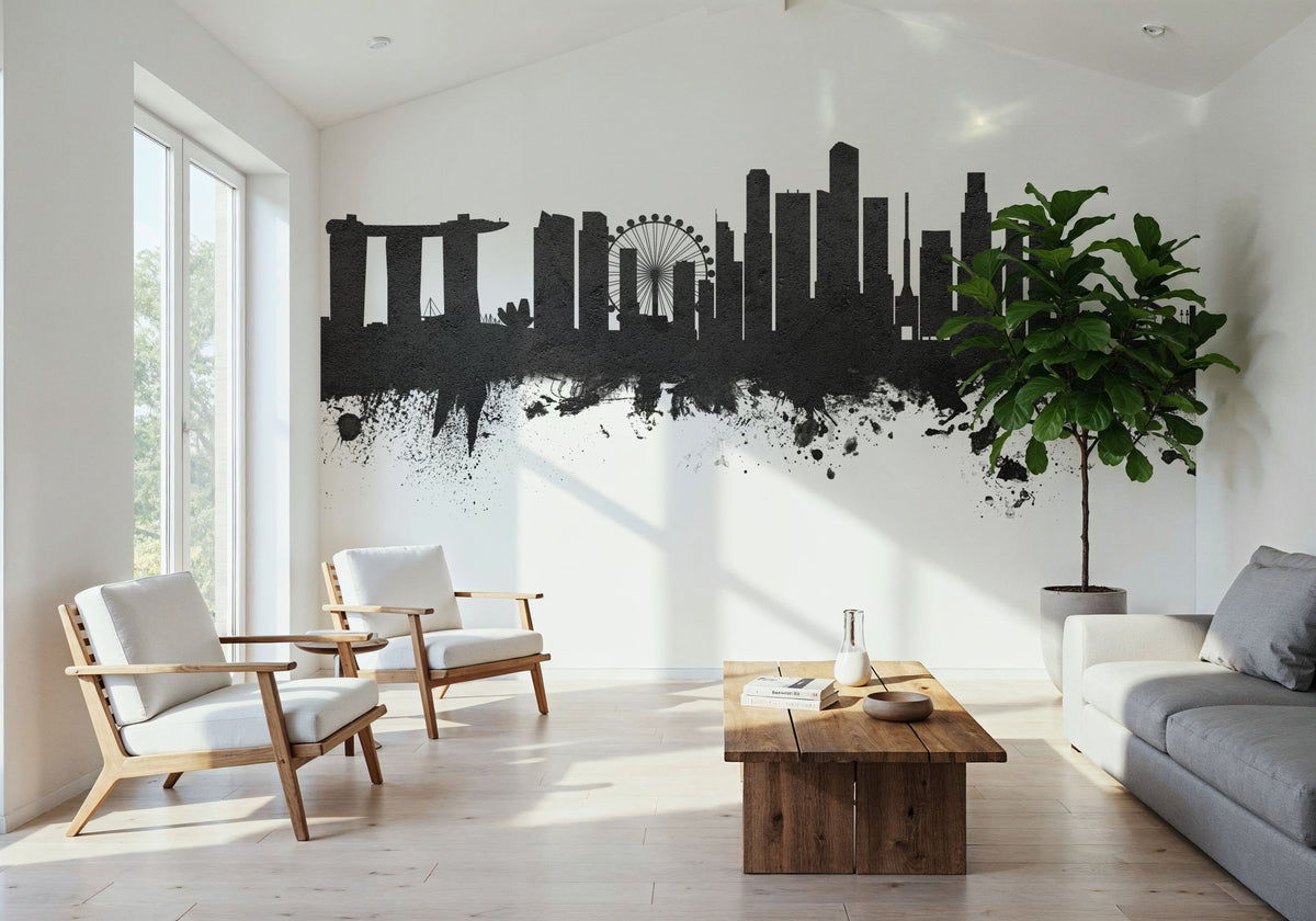 Singapore Skyline Black & White Mural Wallpaper - room preview 02