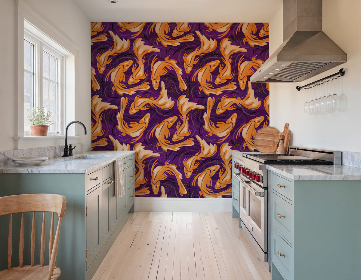 Koi Fish, Purple Mural Wallpaper - room preview 02