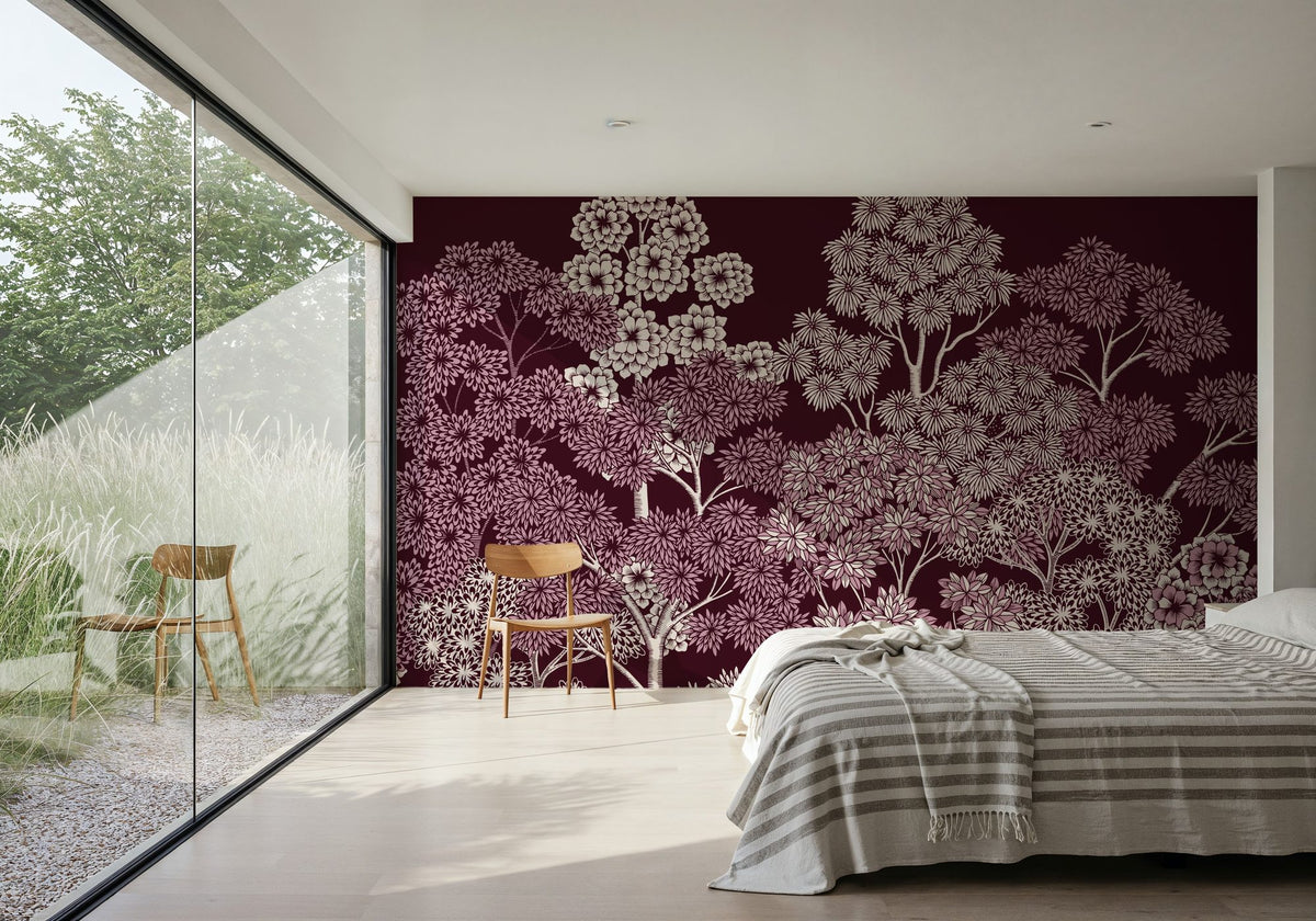 Overleaf Woodland, Burgundy Mural Wallpaper - room preview 02