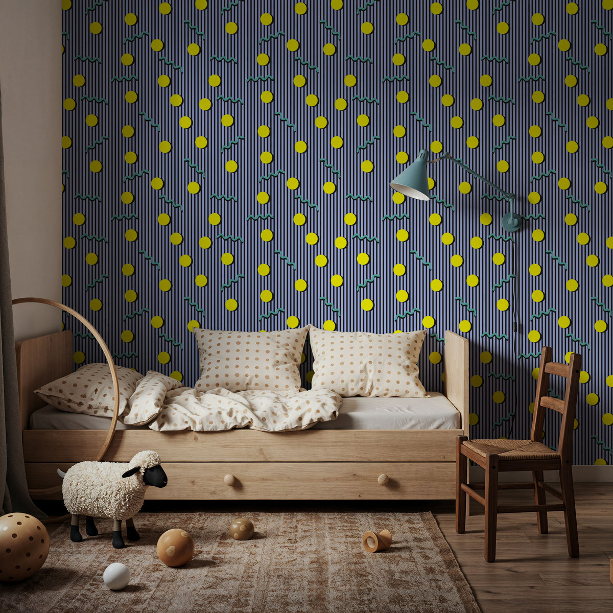 Memphis Dots & Stripes, Lilac Mural Wallpaper - room preview 02