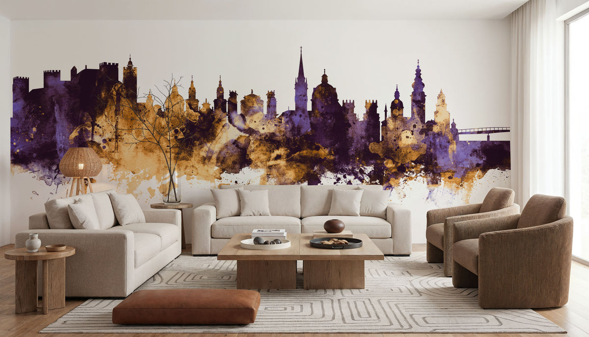 Salzburg Austria Skyline Purple & Gold Mural Wallpaper - room preview 02