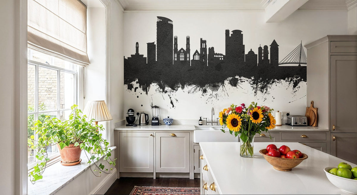 Swansea Wales Skyline Black & White Mural Wallpaper - room preview 02