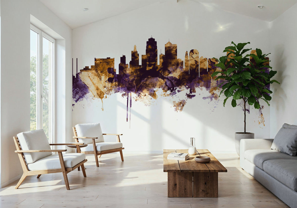 Kansas City Missouri Skyline Purple & Gold Mural Wallpaper - room preview 02