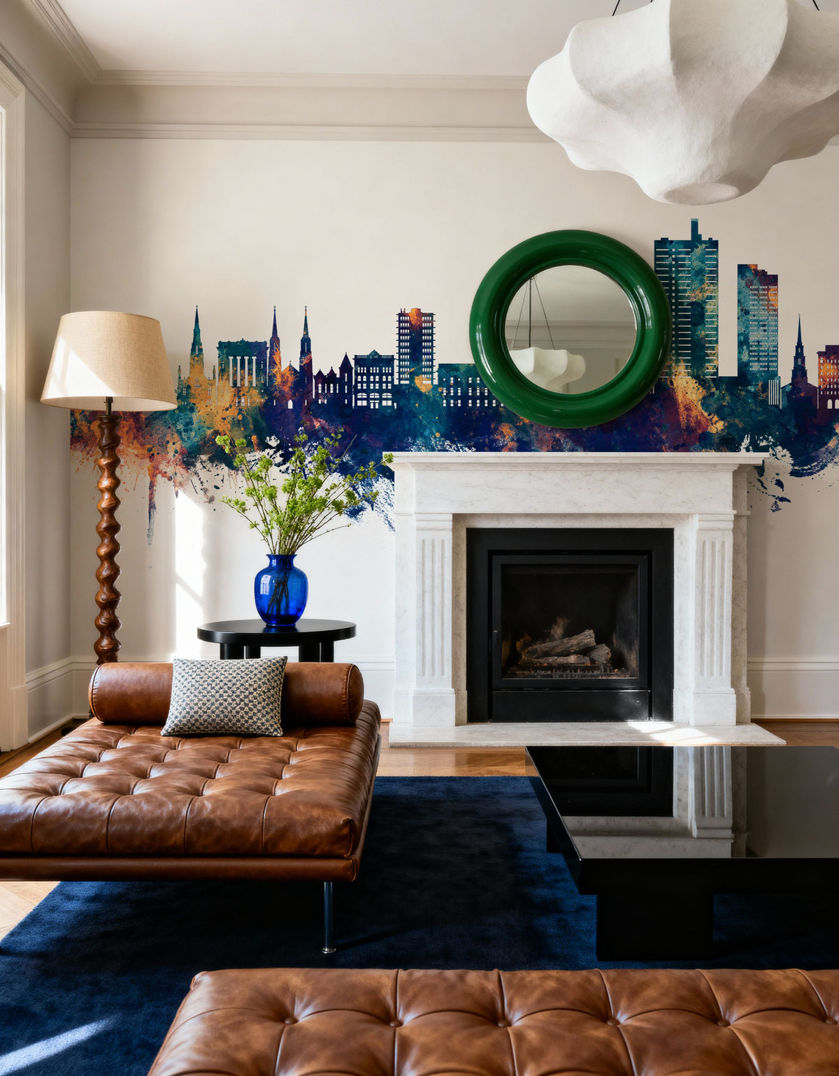 Fort Wayne Indiana Skyline Blue & Bronze Mural Wallpaper - room preview 02