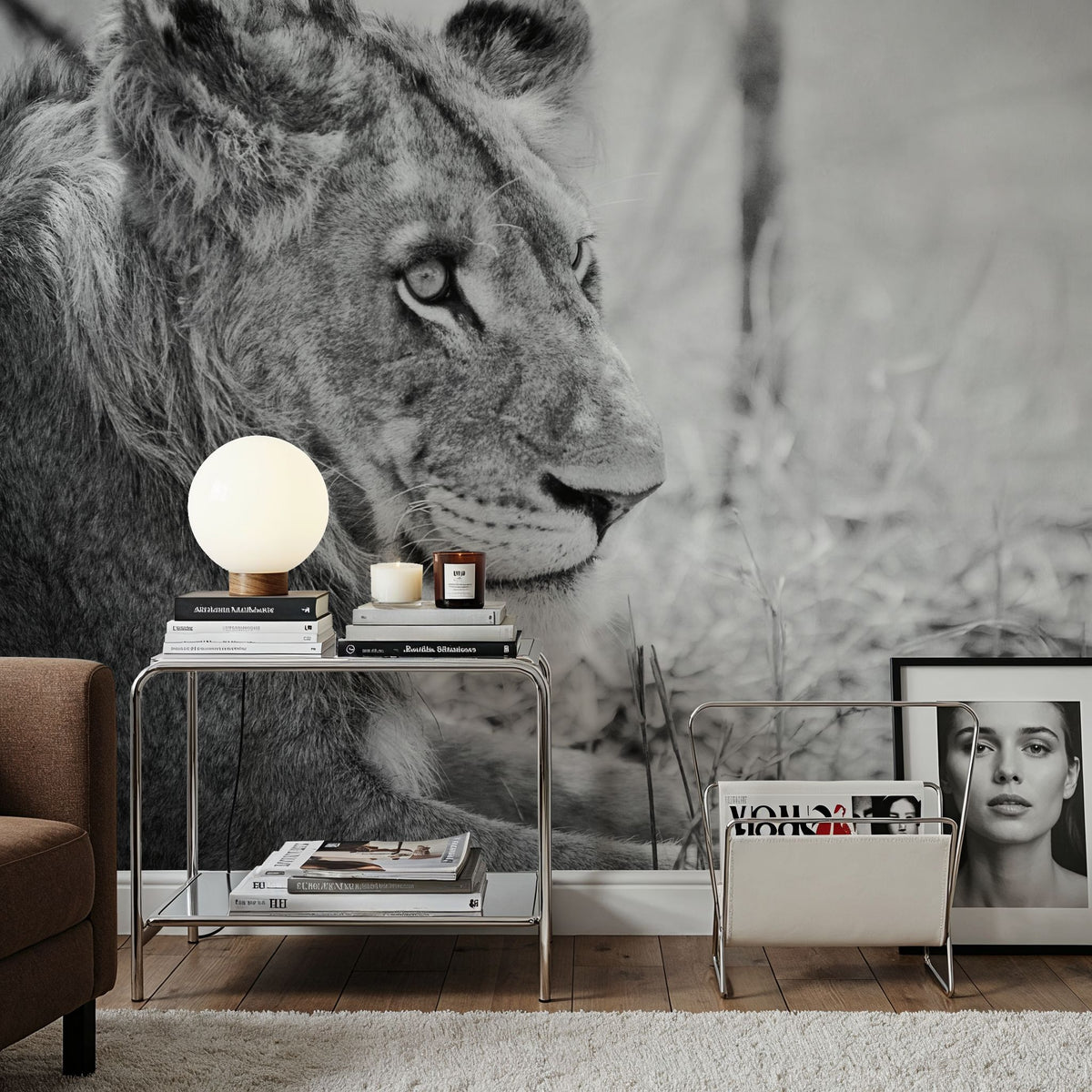 Young Lion BW Mural Wallpaper - room preview 02