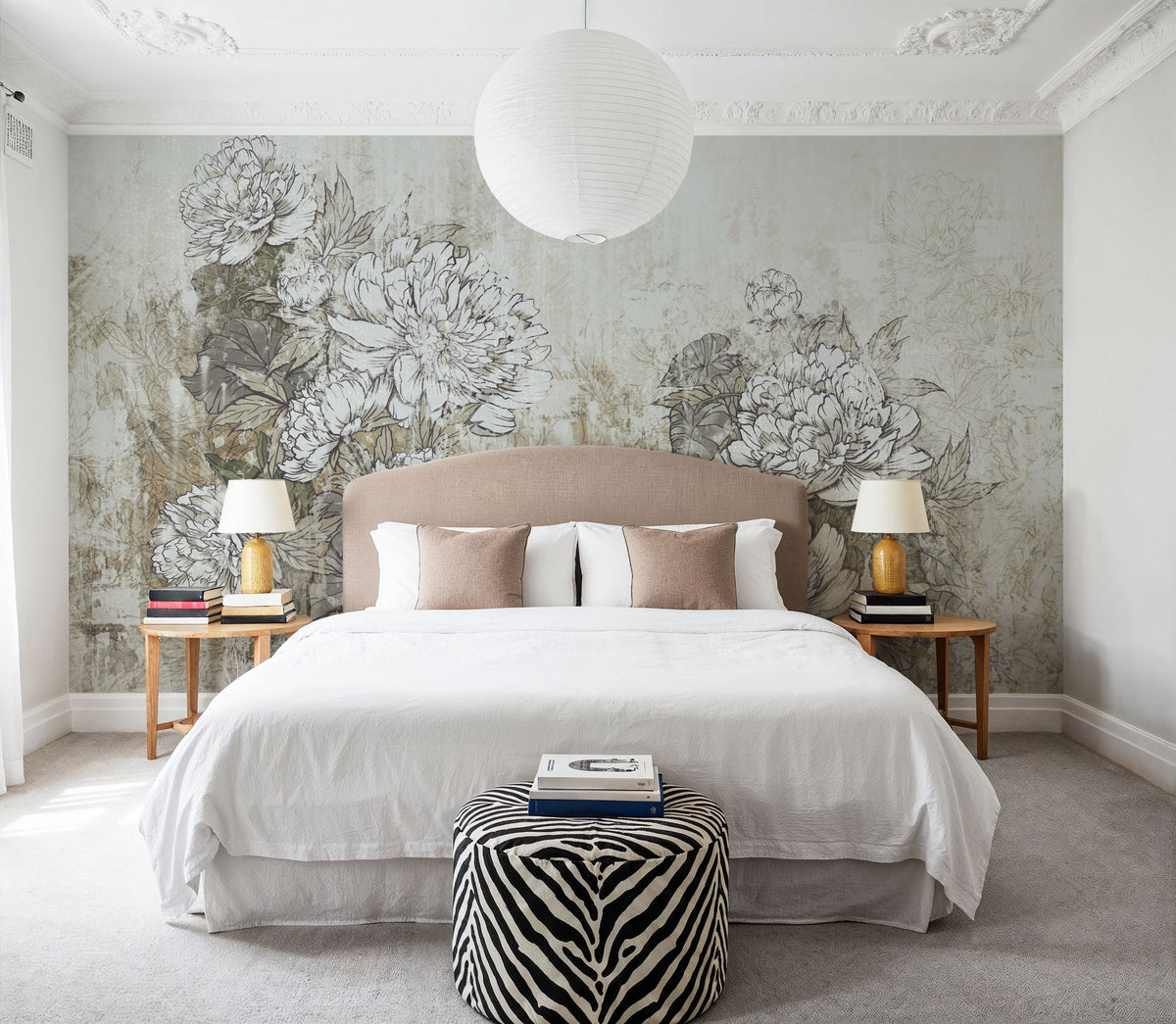 Vintage Peonies Mural Wallpaper - Neutral Tone - room preview 02