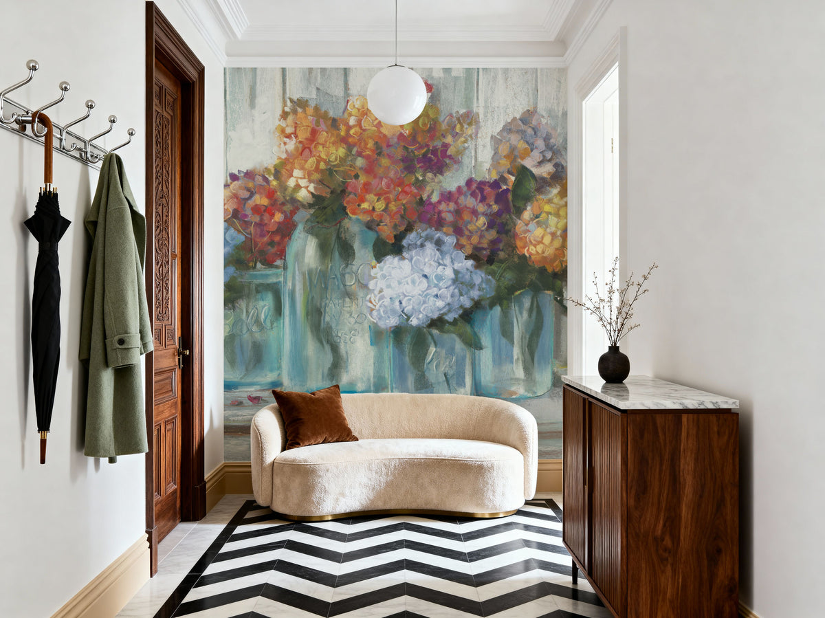 Hydrangeas in Glass Jars Blue Mural Wallpaper - room preview 02