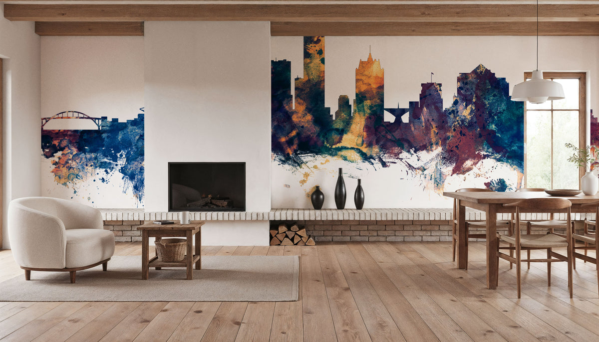 Milwaukee Wisconsin Skyline Blue & Bronze Mural Wallpaper - room preview 02