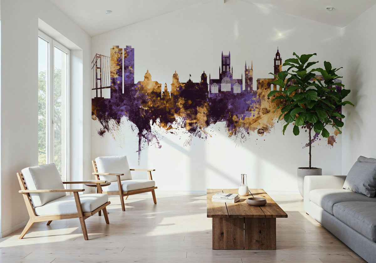Kingston Upon Hull England Skyline Purple & Gold Mural Wallpaper - room preview 02