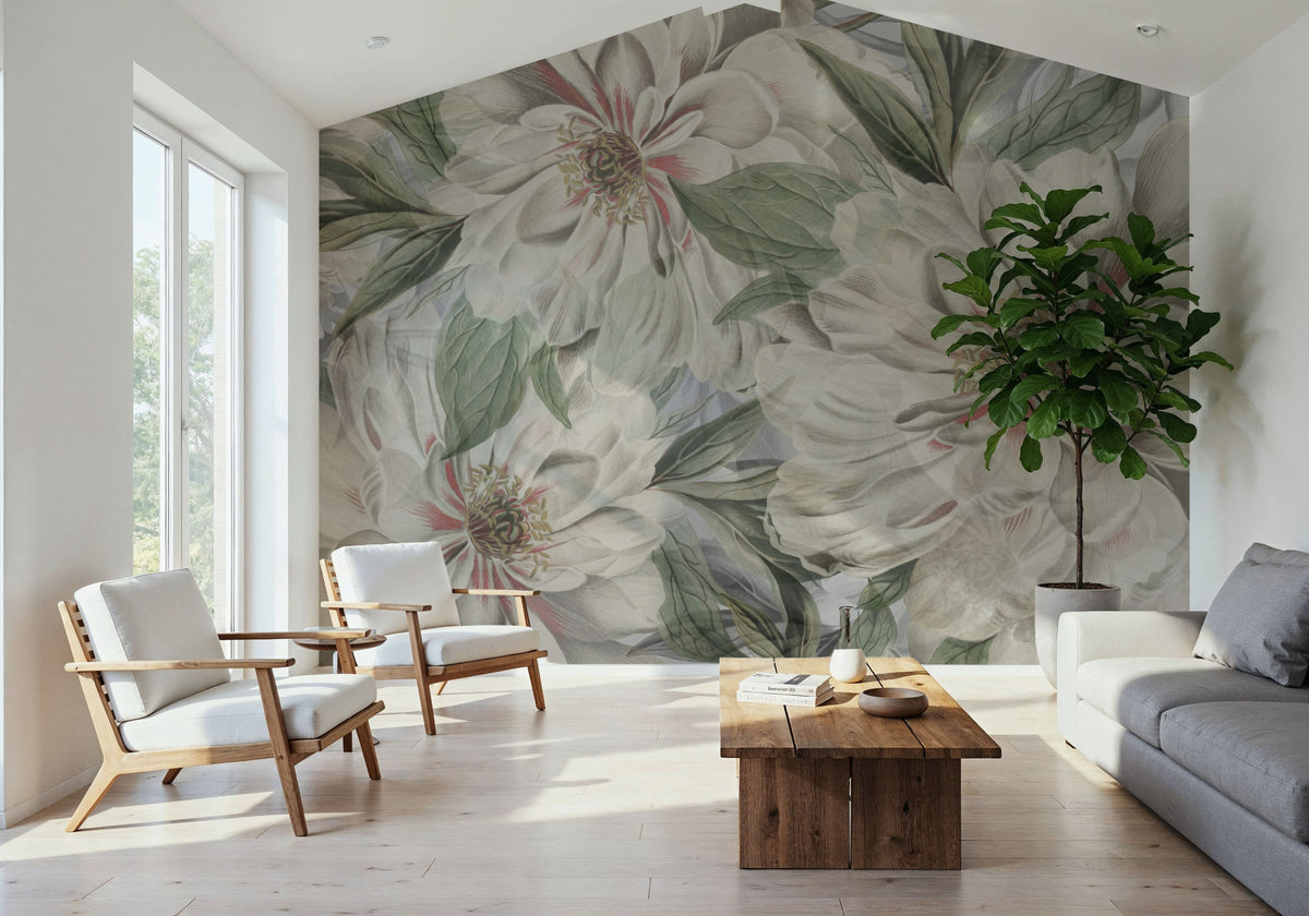 Peony Study - Pearl and Green Mural Wallpaper - room preview 02