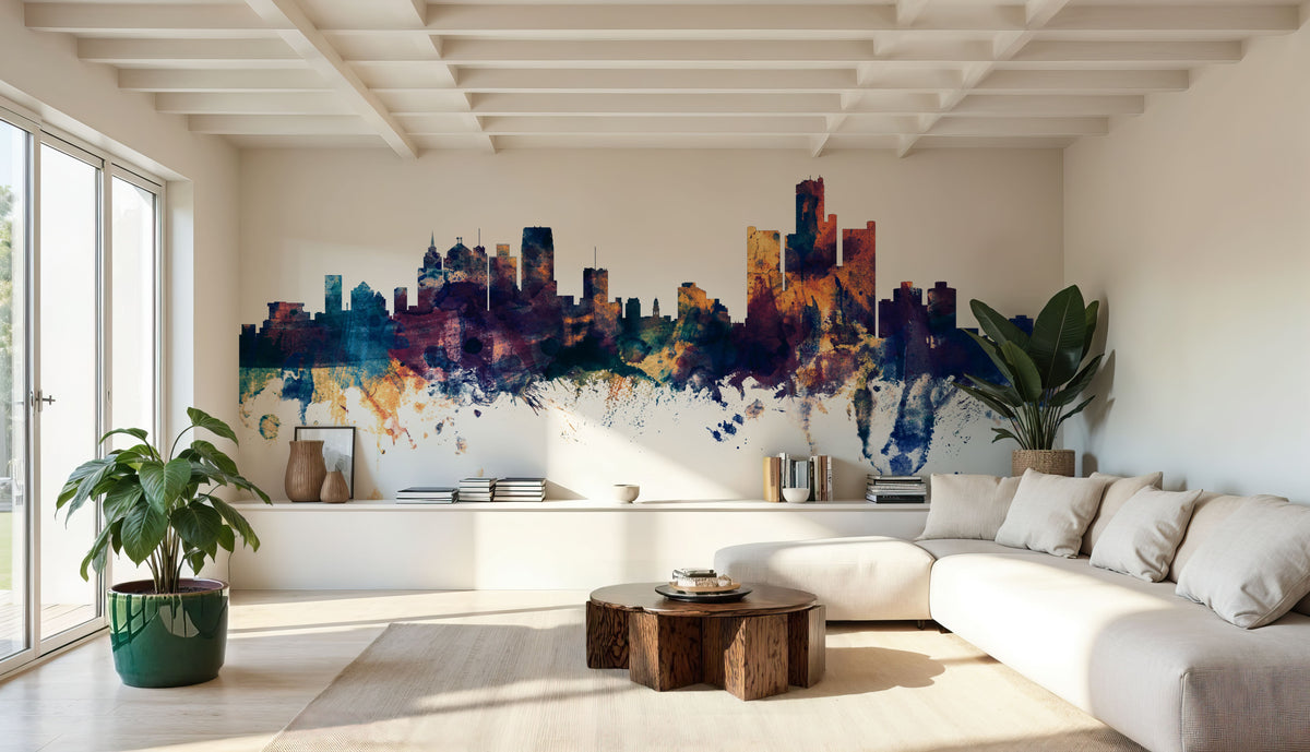 Detroit Michigan Skyline Blue & Bronze Mural Wallpaper - room preview 02