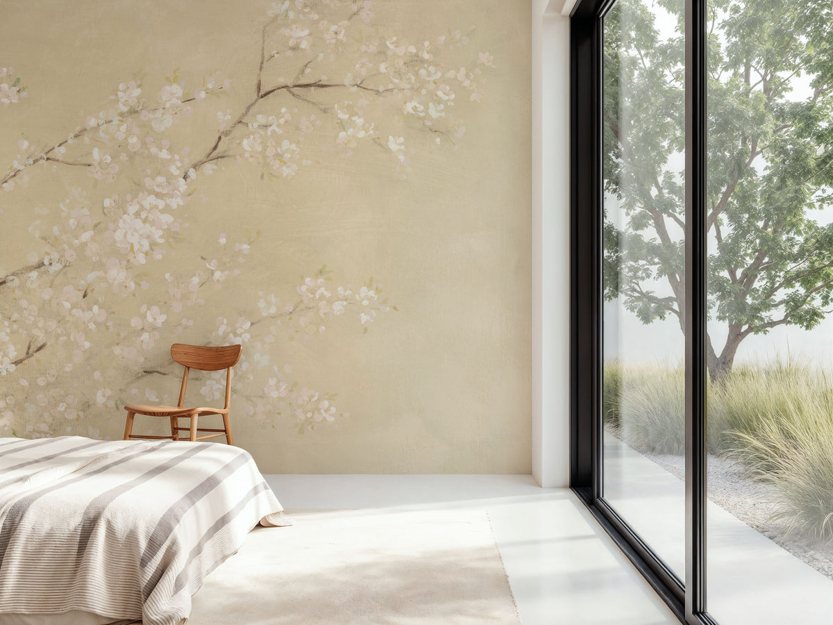 White Cherry Blossoms I Linen Mural Wallpaper - room preview 02