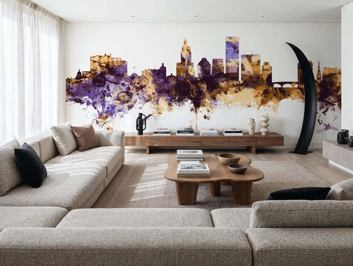Providence Rhode Island Skyline Purple & Gold Mural Wallpaper - room preview 02
