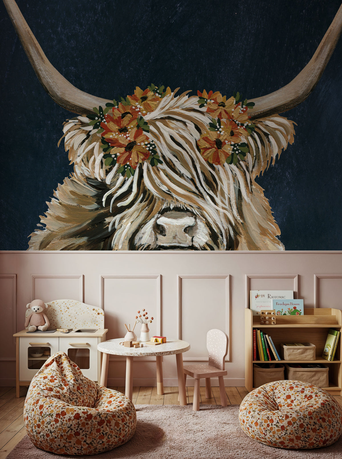 Harvest Cow Floral Texture Dark Mural Wallpaper - room preview 02