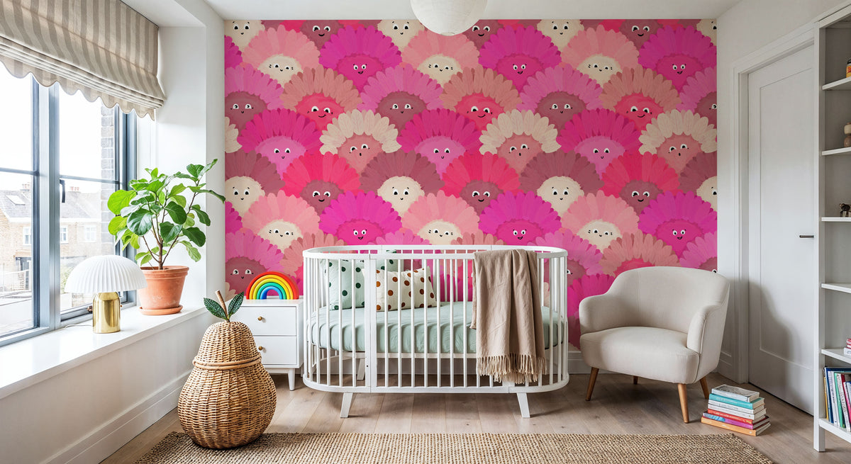 Cute Pink Flower Faces Mural Wallpaper - room preview 02