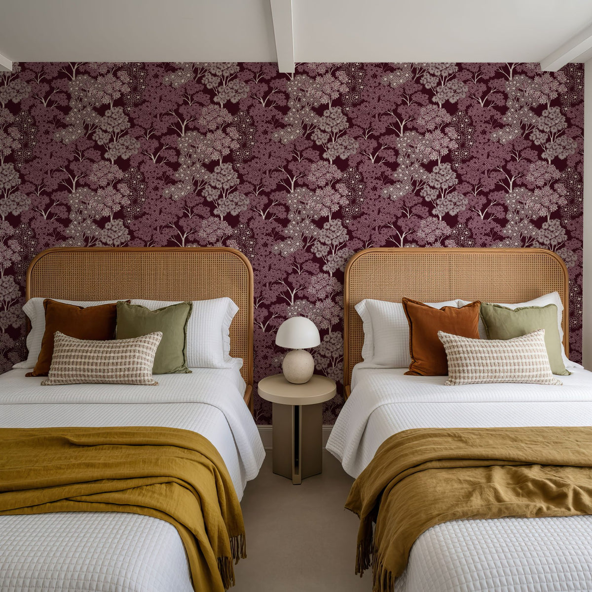 Overleaf Woodland Pattern, Burgundy Mural Wallpaper - room preview 02