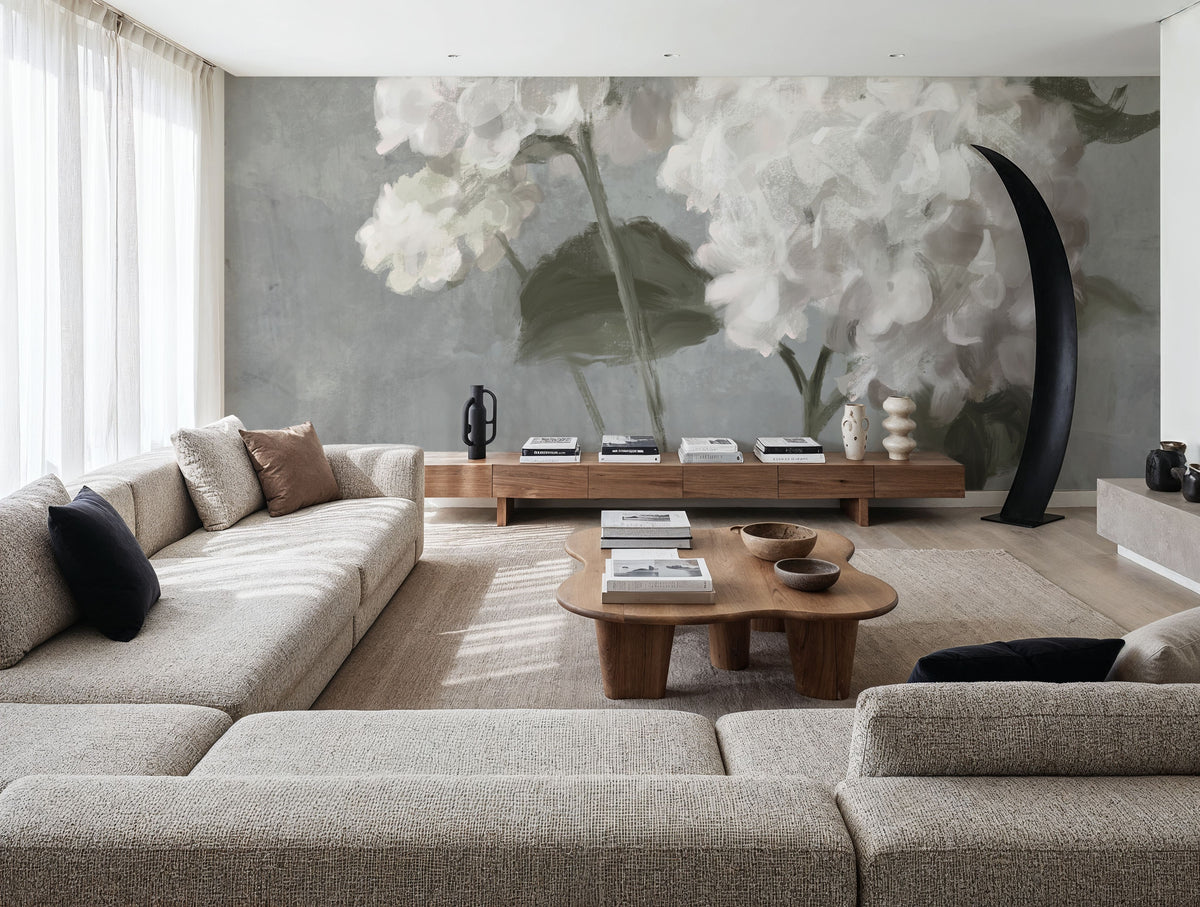 White Hydrangeas on Gray Mural Wallpaper - room preview 02