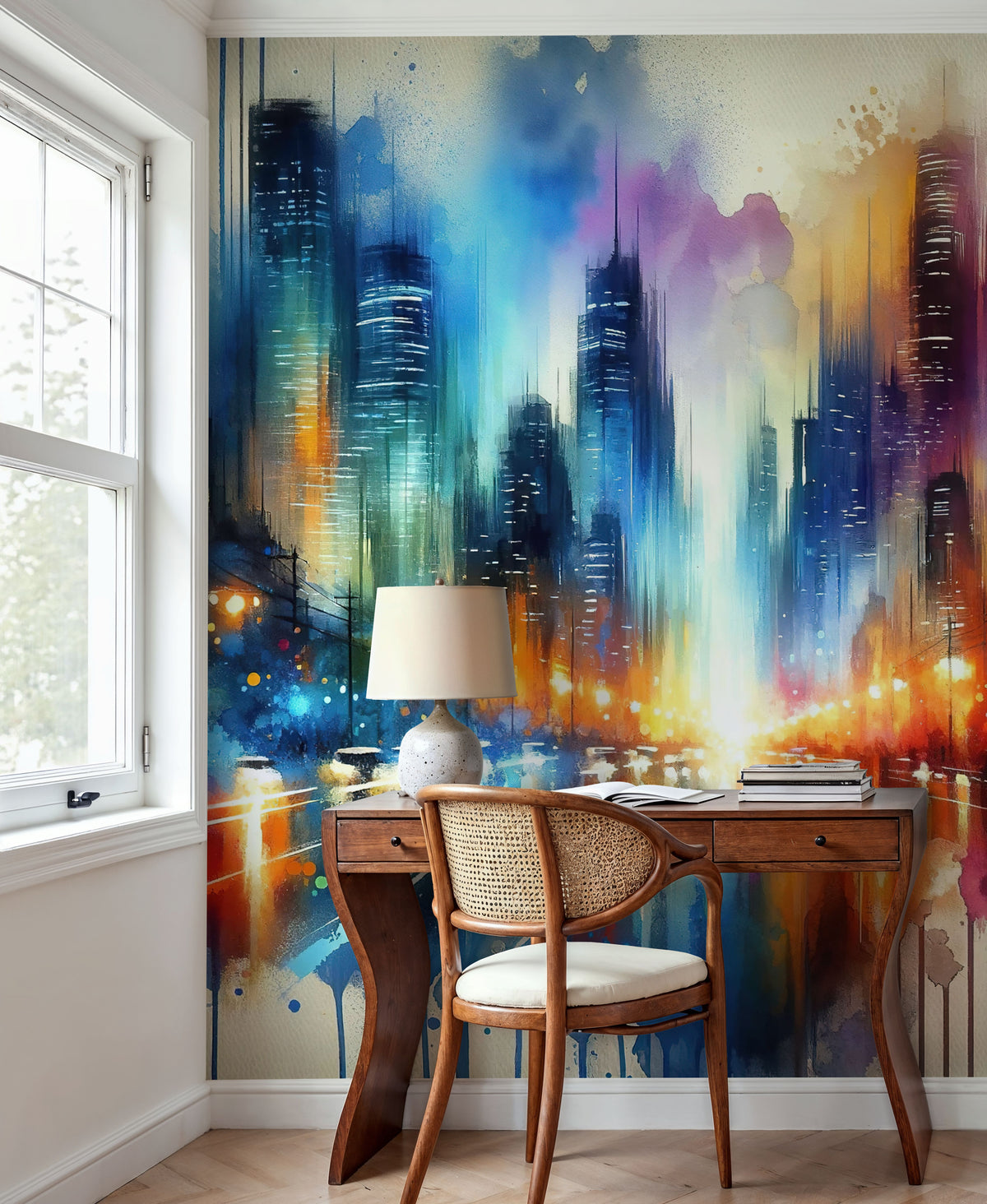 Watercolor Abstract Skyline At Night Mural Wallpaper - room preview 02