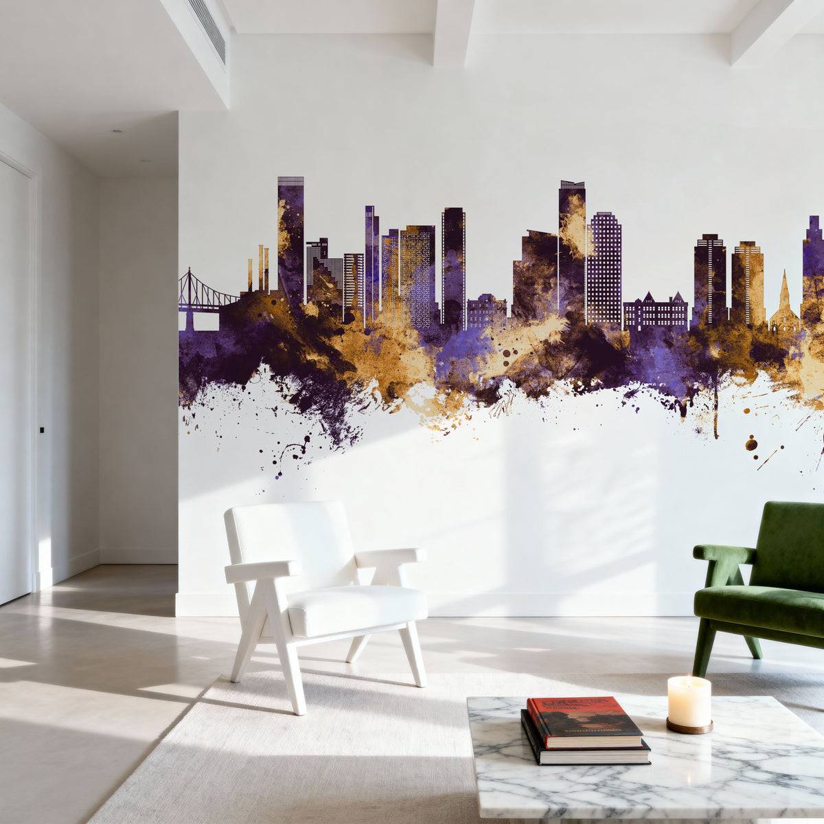 Queens New York Skyline Purple & Gold Mural Wallpaper - room preview 02