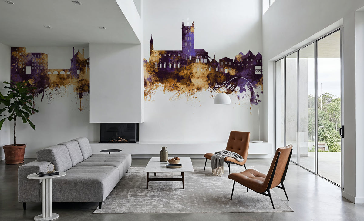 Tewkesbury England Skyline Purple & Gold Mural Wallpaper - room preview 02