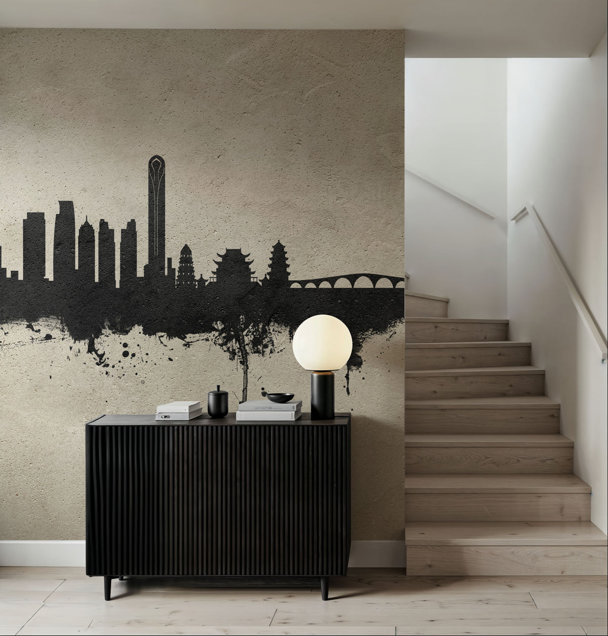 Suzhou China Skyline Concrete Mural Wallpaper - room preview 02