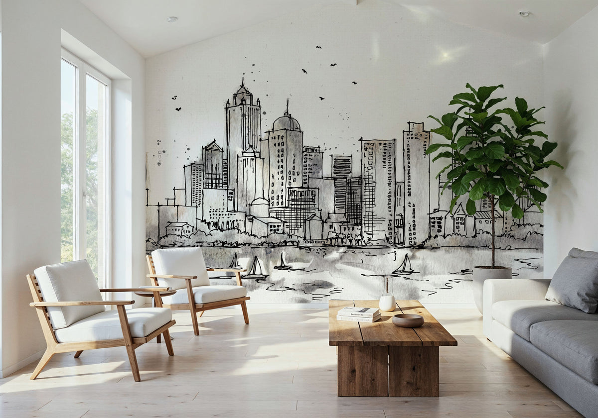 Skyline Sketches Boston Mural Wallpaper - room preview 02