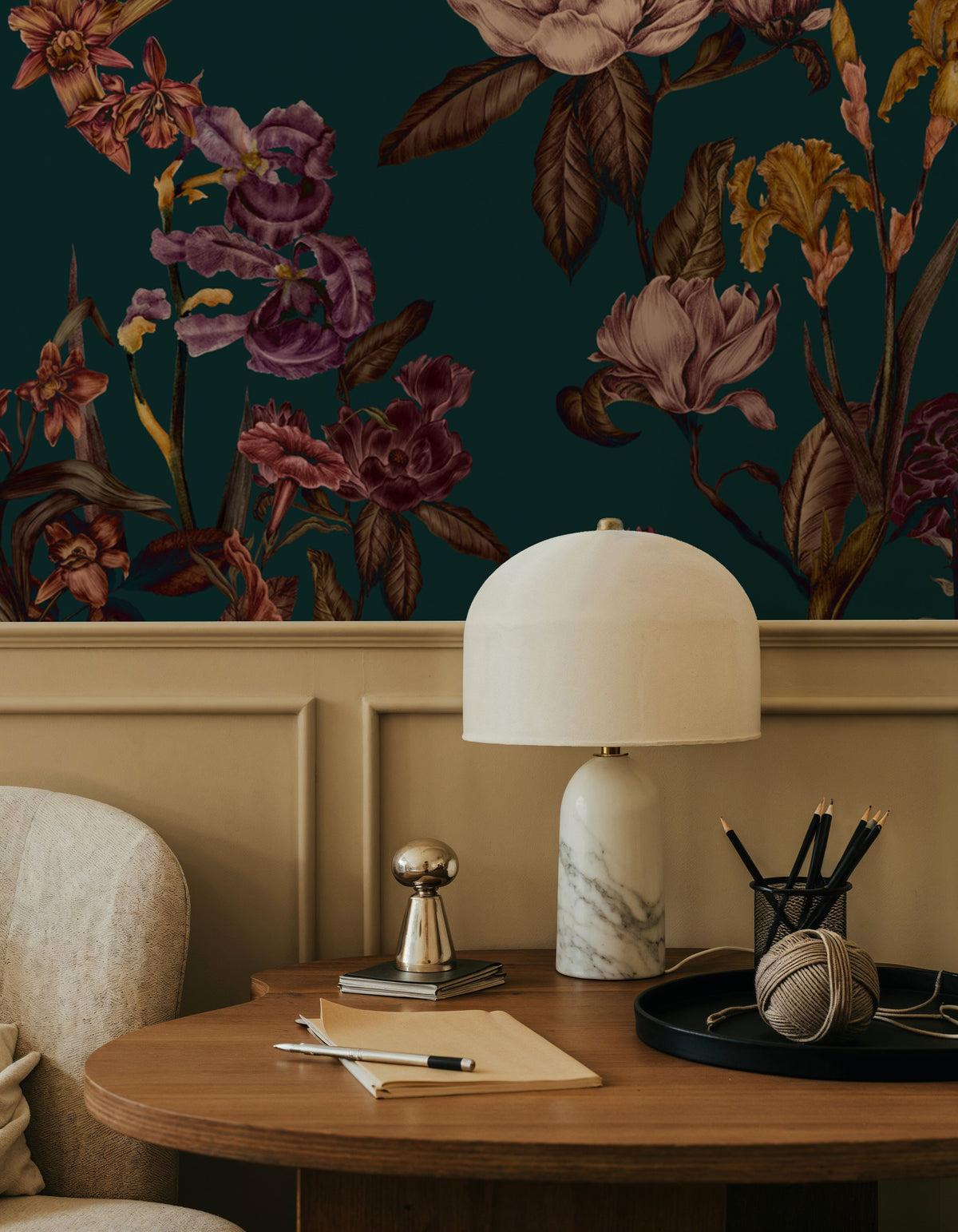 Floral Gaze, Dark Teal Mural Wallpaper - room preview 02