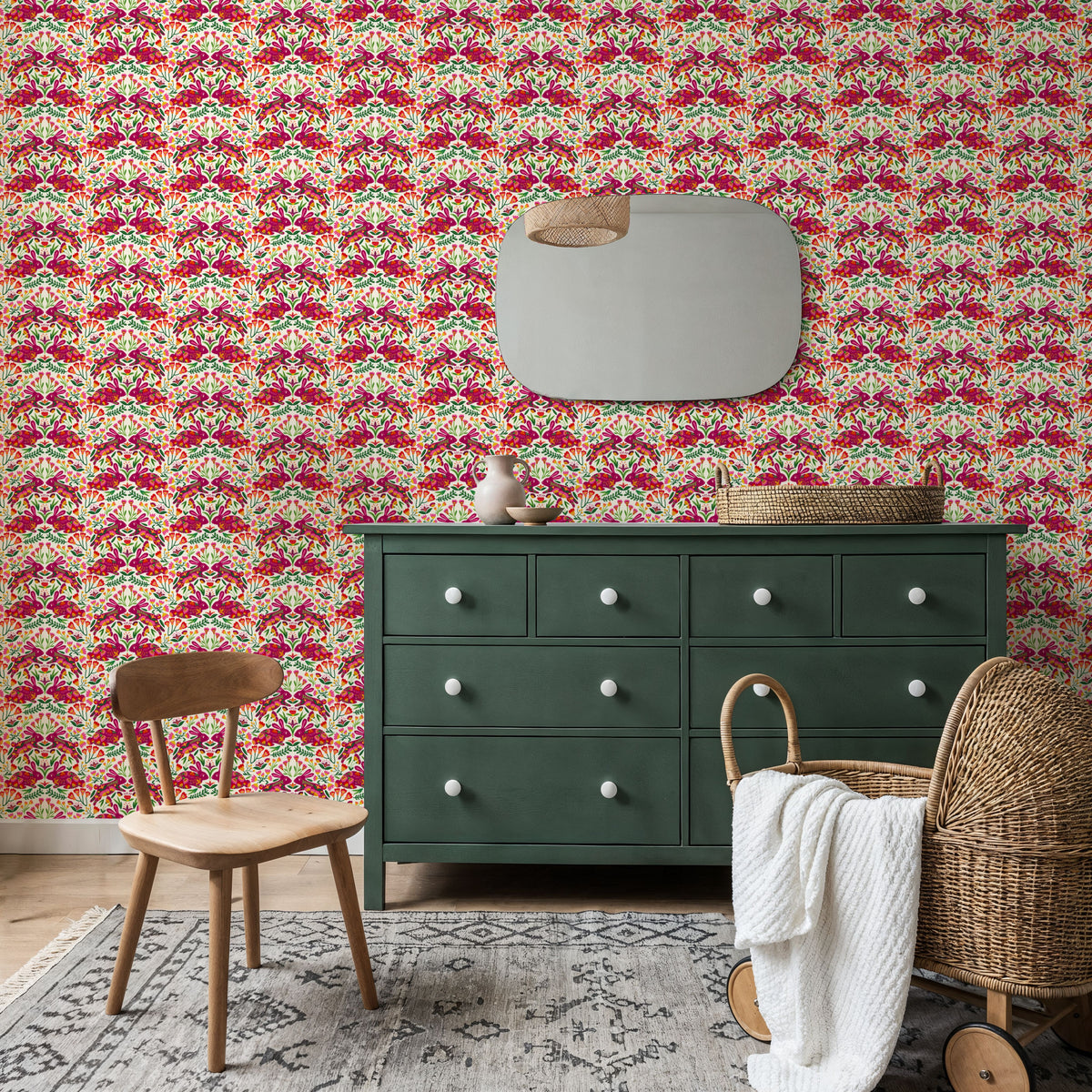 Otomi Rabbits & Flowers Pattern Mural Wallpaper - room preview 02