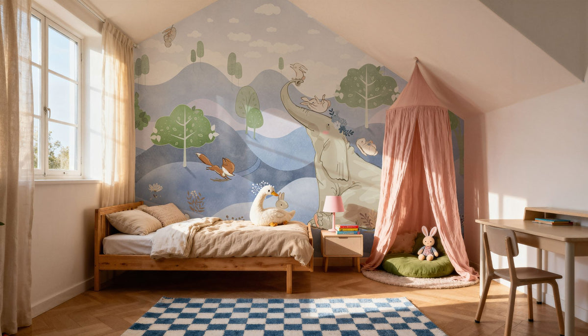 Dwellpaper Bunny Friends, Blue Mural Wallpaper image 2