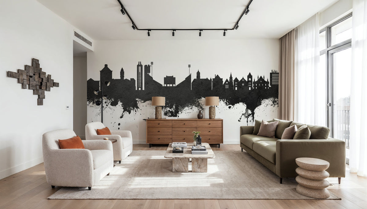 Lawrence Kansas Skyline Black & White Mural Wallpaper - room preview 02