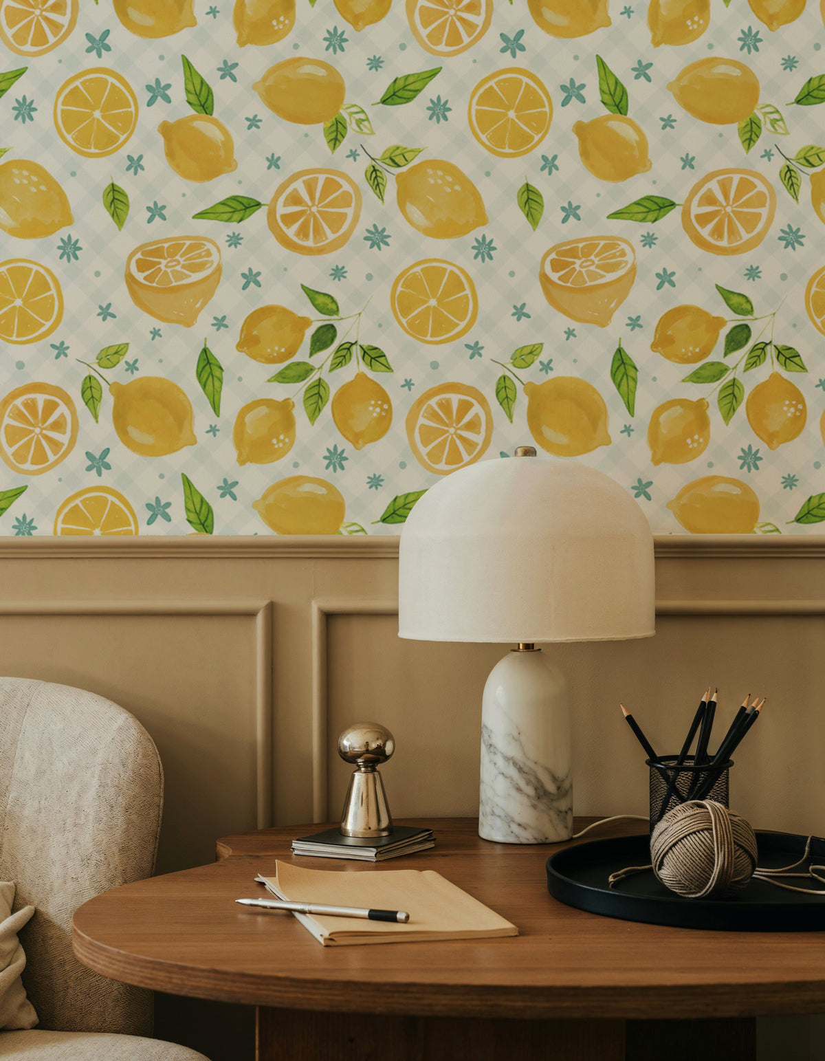 Mellow Lemons White Mural Wallpaper - room preview 02