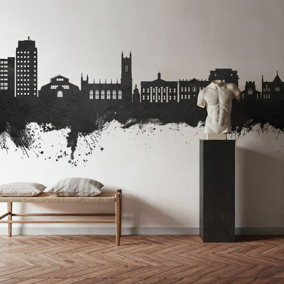 Oldham England Skyline Black & White Mural Wallpaper - room preview 02