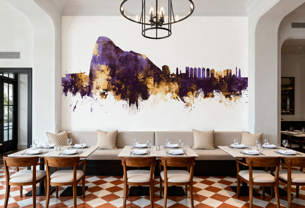 Gibraltar Skyline Purple & Gold Mural Wallpaper - room preview 02