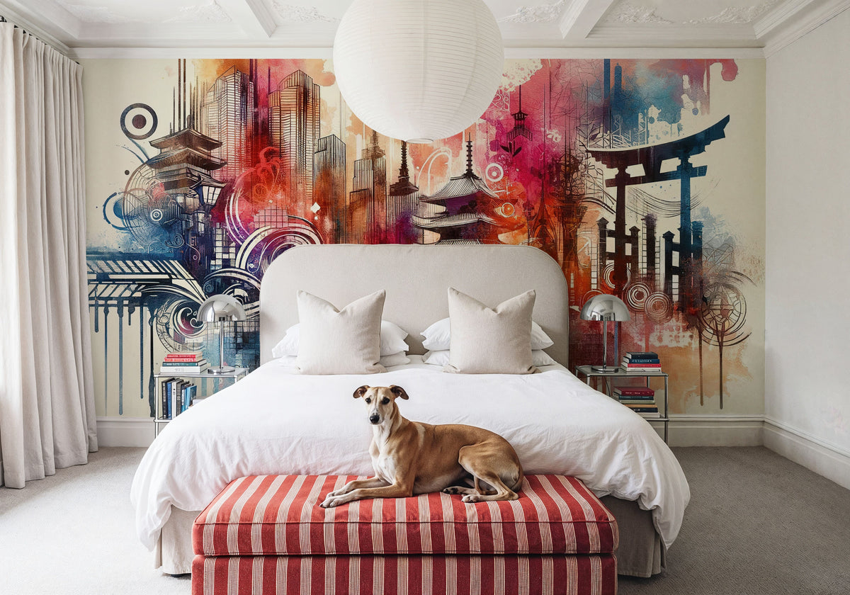 Watercolor Skyline Tokyo II Mural Wallpaper - room preview 02
